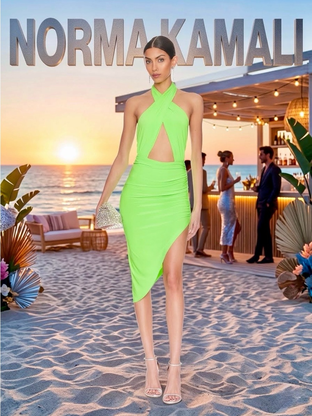 Norma Kamali Cross Halter Side Drape Dress in Neon Green